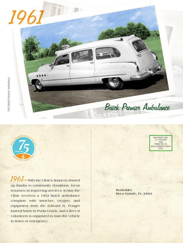 Buick Premier ambulance postcard - front and back